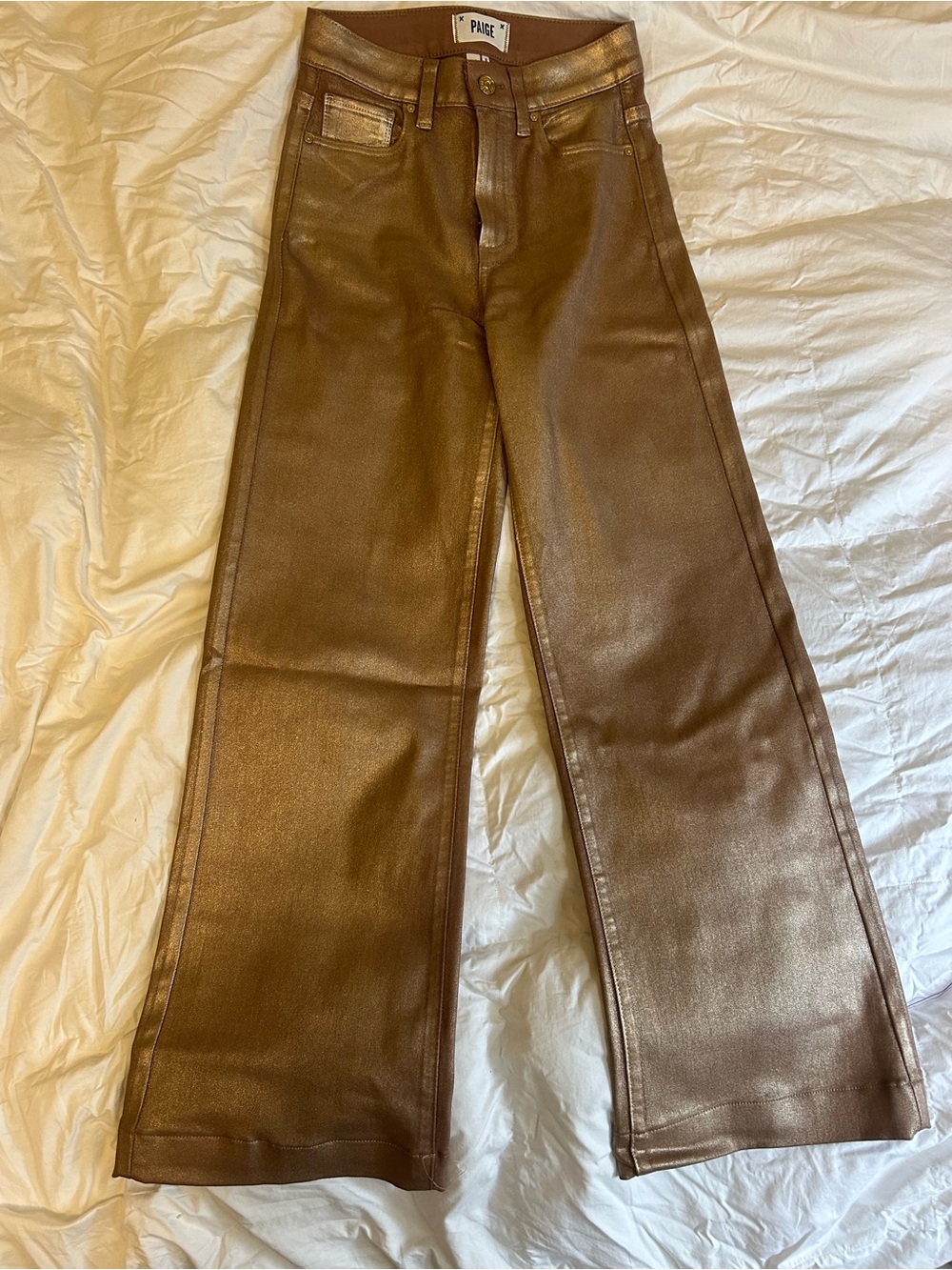 PAIGE size 24 Coated Rose Gold Leenah Wide-Leg Jeans